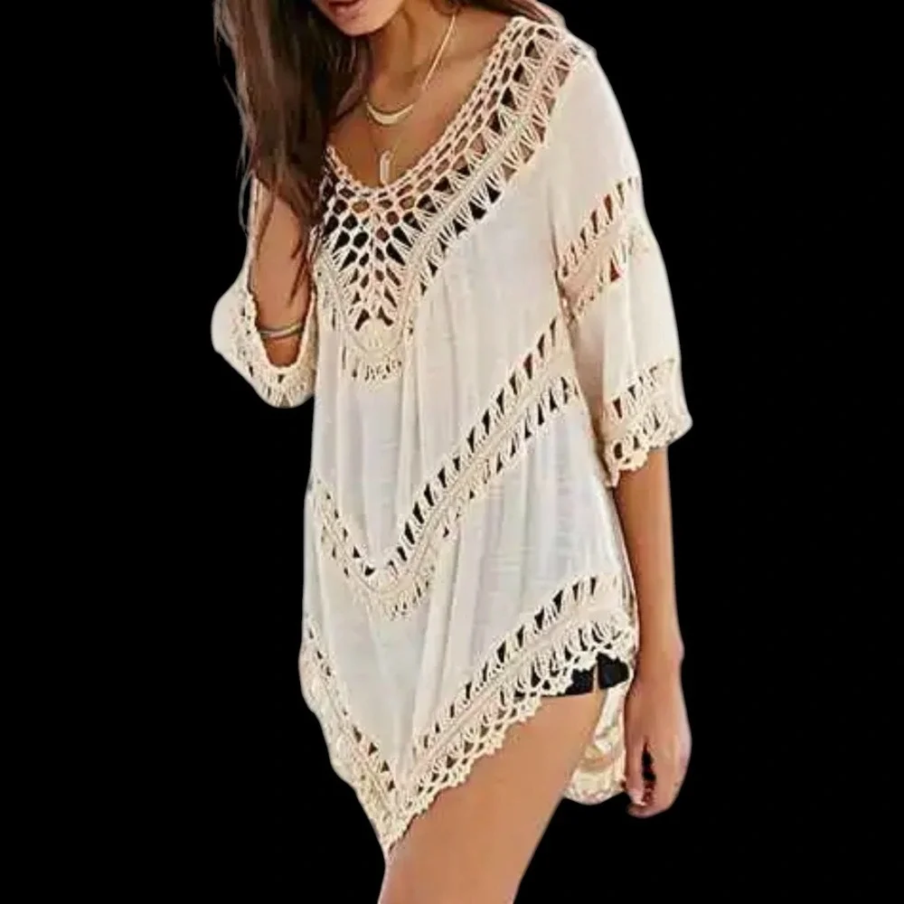 Ivory Crochet‎ Lace Tunic NWT Size S V Neck Boho Beach Cover Up Sharkbite Hem